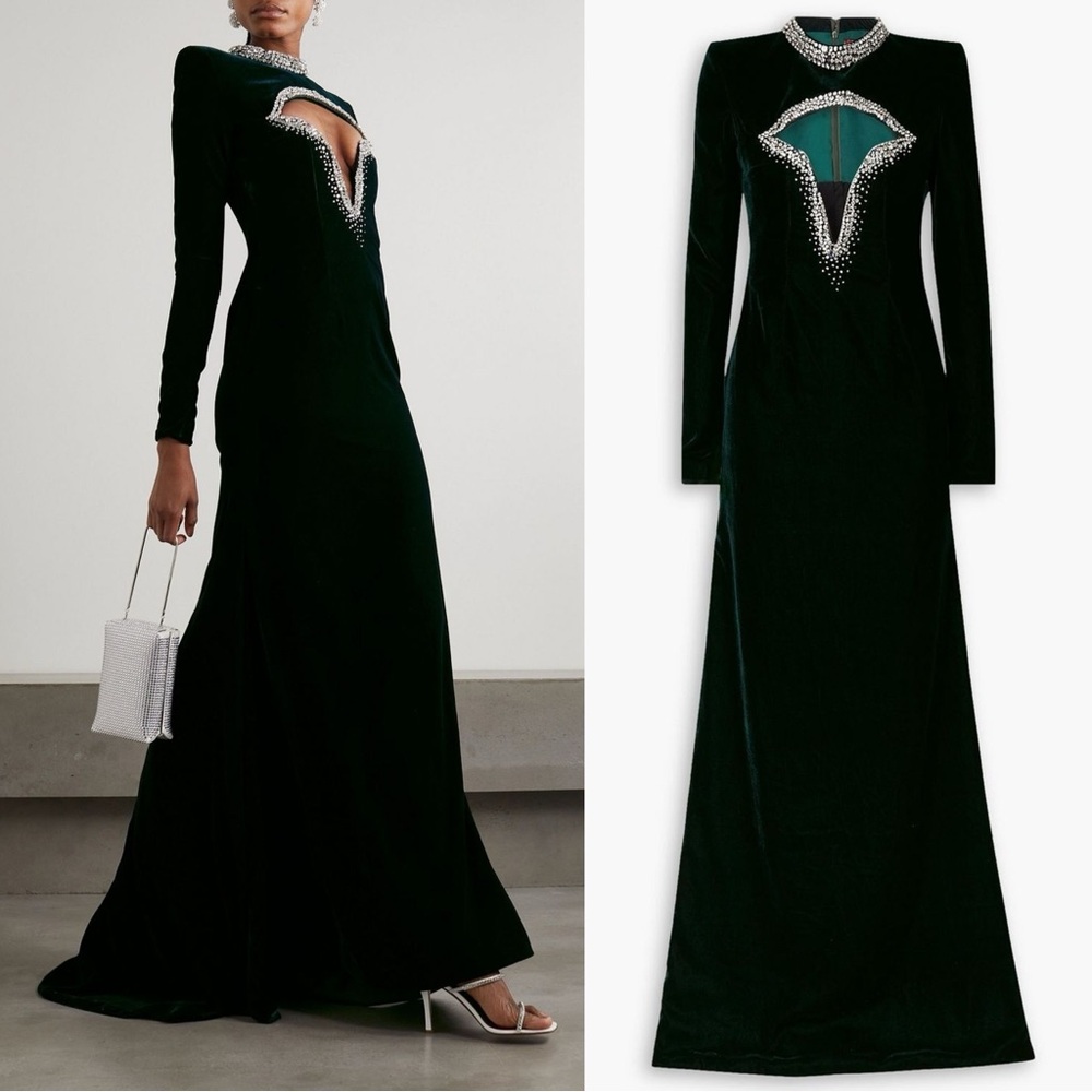 Miss Sohee Crystal Embellished Cutout Stretch Velvet Gown Size 2 NWT Emerald